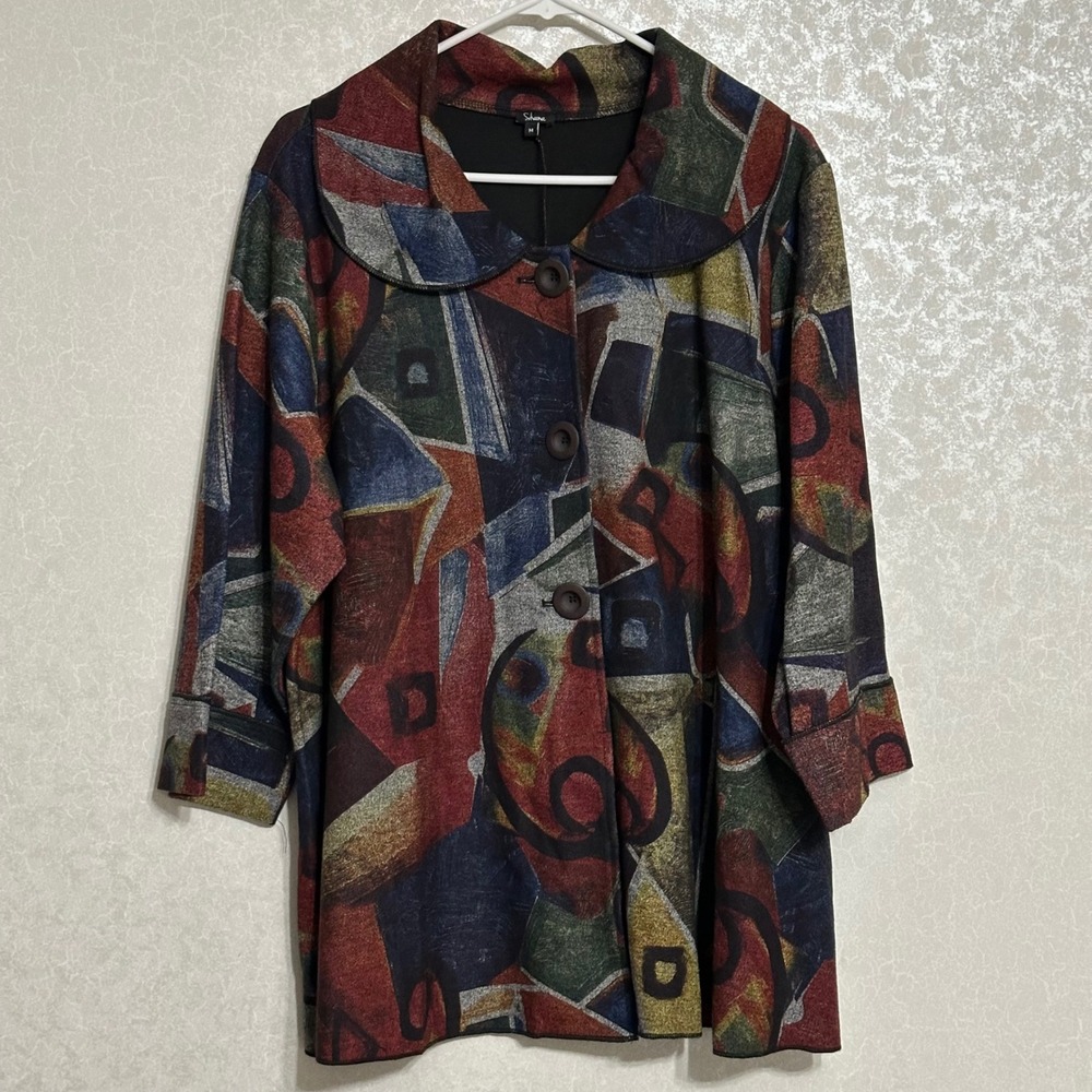 Shana Abstract Geometric Print Button Front Peter Pan‎ Collar Jacket Multi M